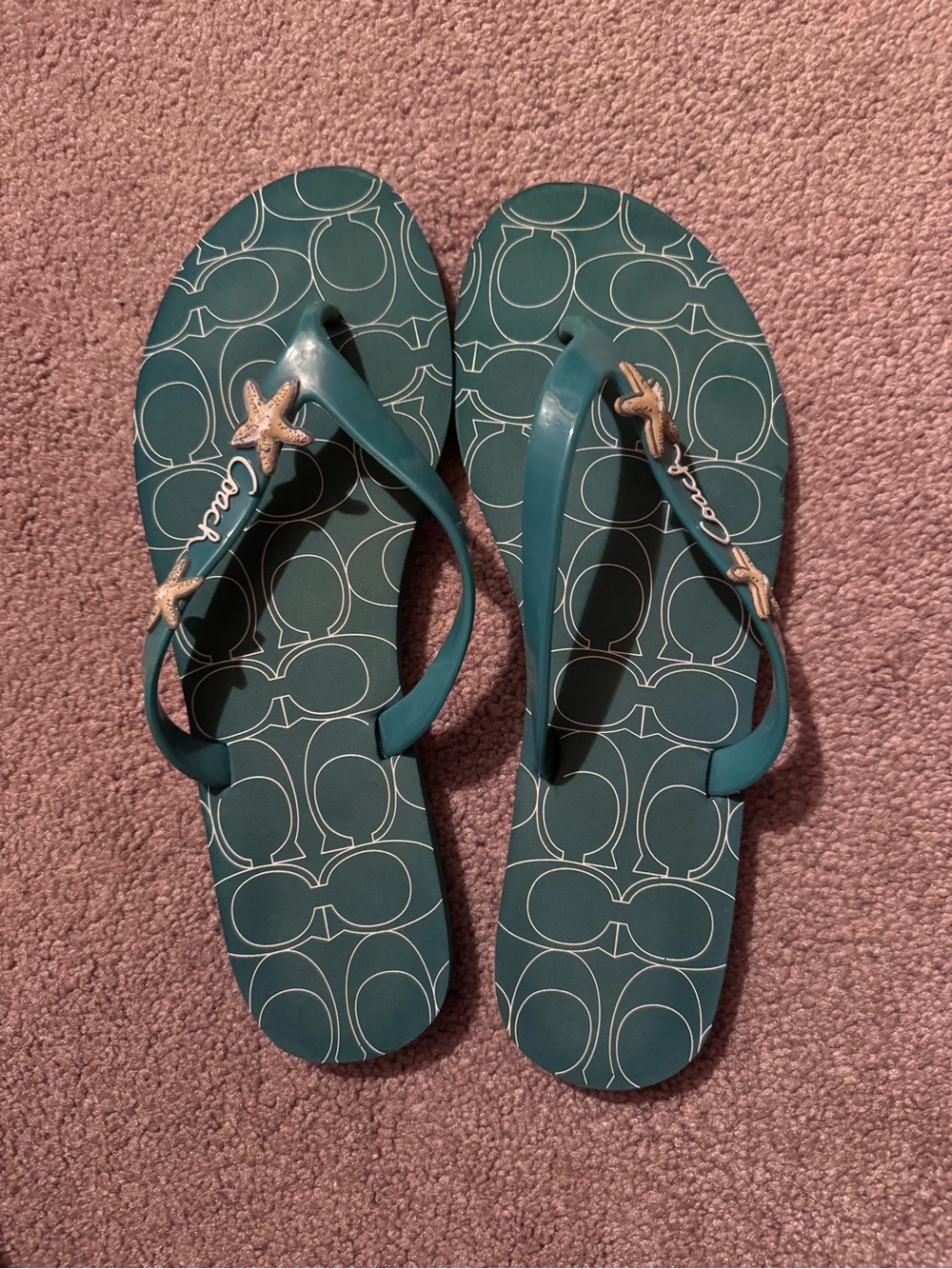 Coach Teal Logo Flip Flops with Gold Starfish Accents